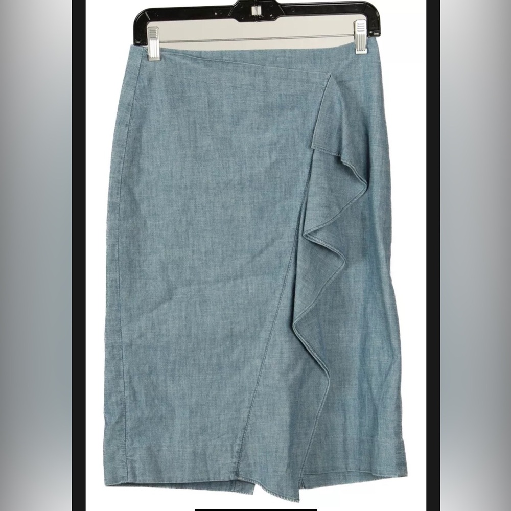 J. Crew Women’s Skirt 4 Blue Denim Straight Ruffle 100% Cotton Pencil
